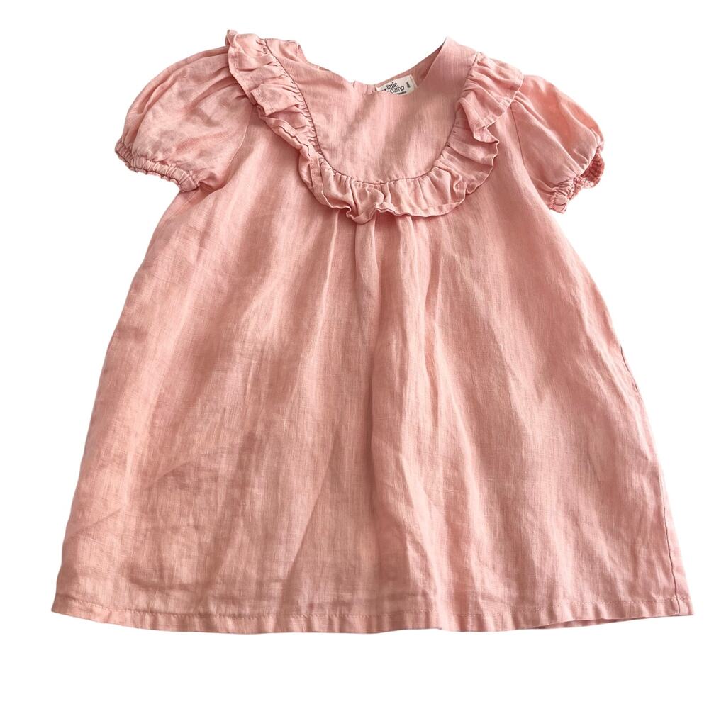 My Little Cozmo Pink Linen Gauze Ruffle A-Line Puff Sleeve Dress 18M Barcelona